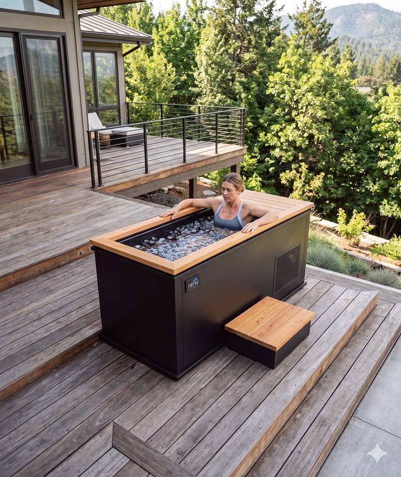 Renu Therapy Cold Stoic cold plunge with wood deck