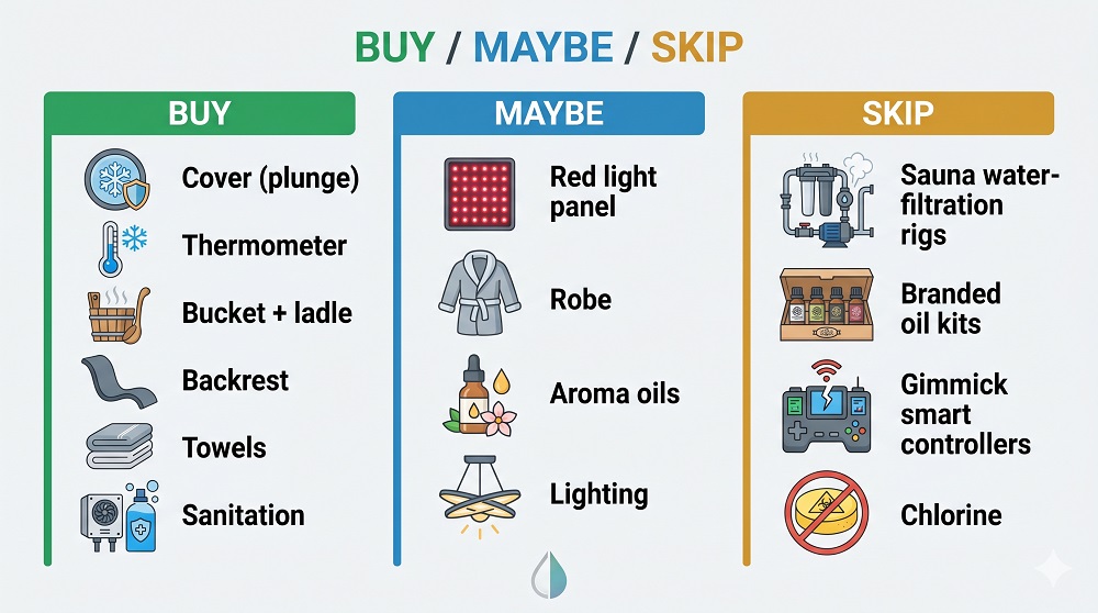 Infographic triaging cold plunge and sauna accessories into buy, maybe and skip