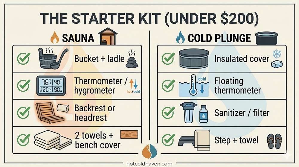 Infographic checklist of the under-$200 cold plunge and sauna starter accessory kit