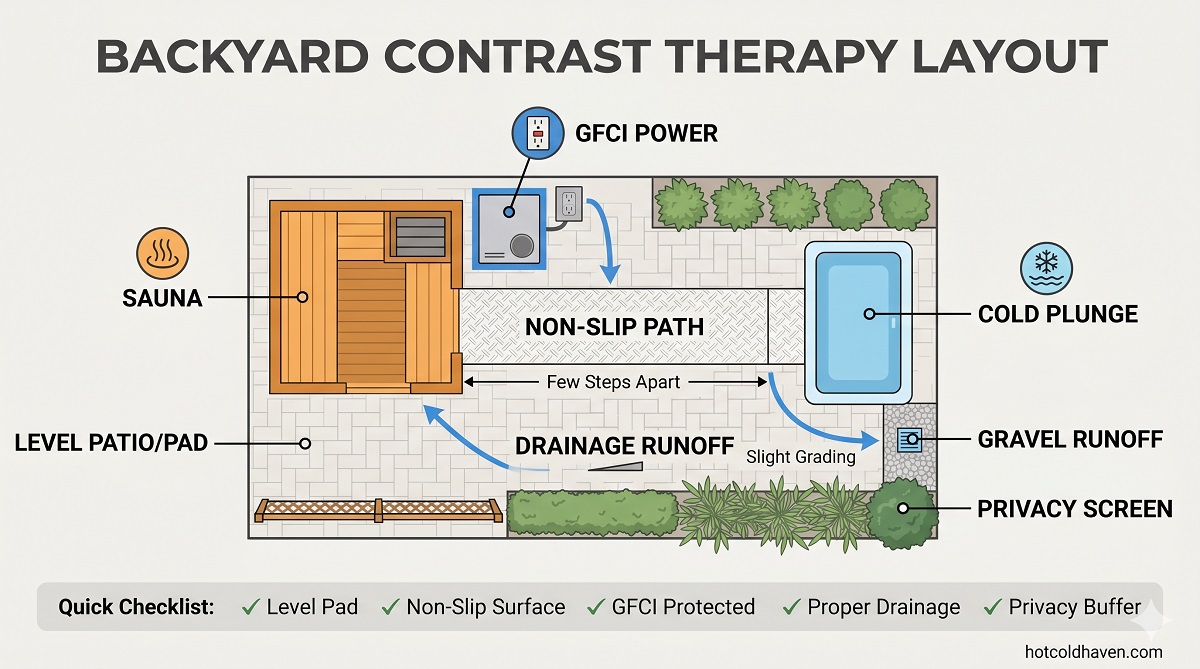 Top-down backyard layout of a sauna and cold plunge with path, GFCI power, drainage and privacy screening
