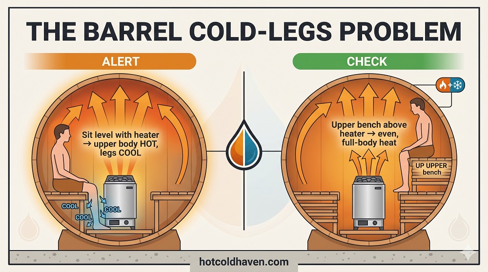 Diagram showing the barrel sauna cold-legs problem and how an upper bench solves it - Best Barrel Saunas