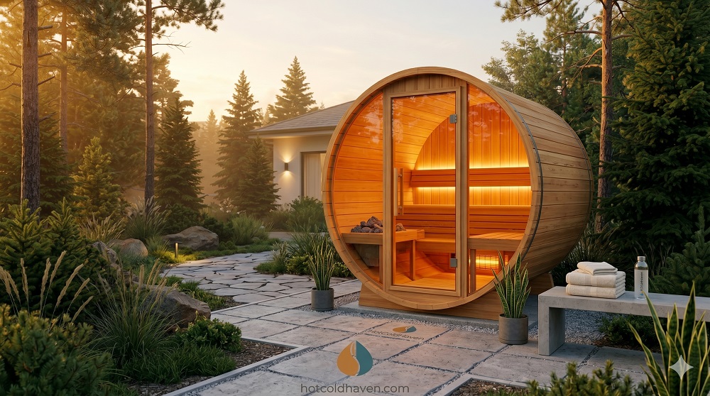 Cedar barrel sauna glowing warm in a backyard at golden hour