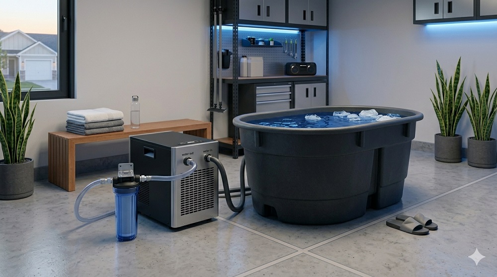 Standalone cold plunge chiller connected to a DIY tub in a garage