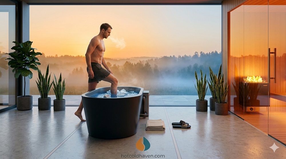 Person stepping into a cold plunge tub at home at dawn