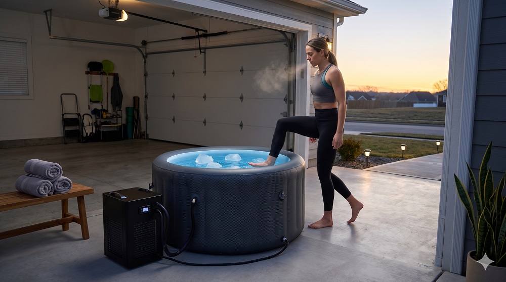 Affordable cold plunge with external chiller set up on a home patio at dawn