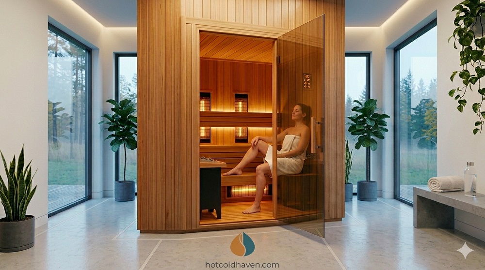 Person relaxing inside a modern infrared sauna cabin at home