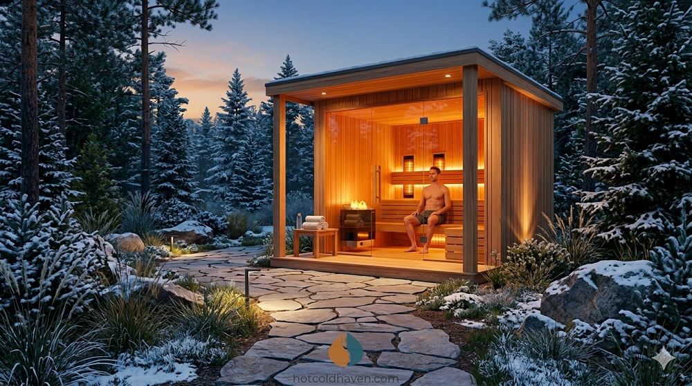 Cedar outdoor sauna glowing warm in a landscaped backyard at dusk
