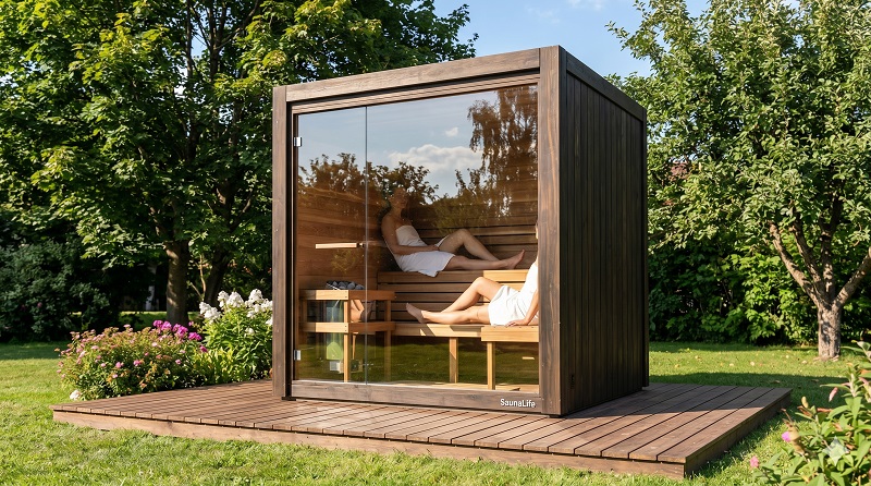 SaunaLife glass-front cube outdoor sauna