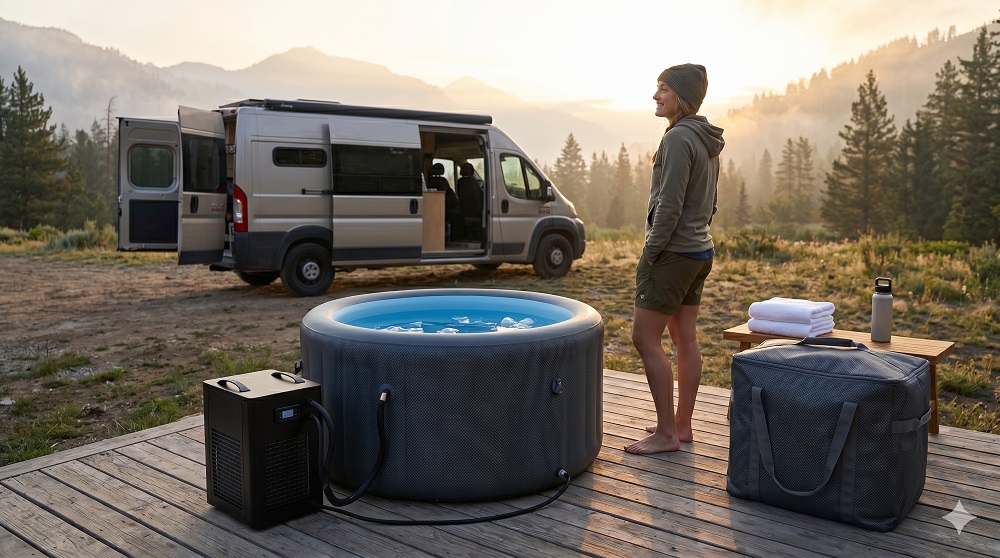 Foldable portable cold plunge set up outdoors with a carry bag beside it Best Portable Cold Plunges