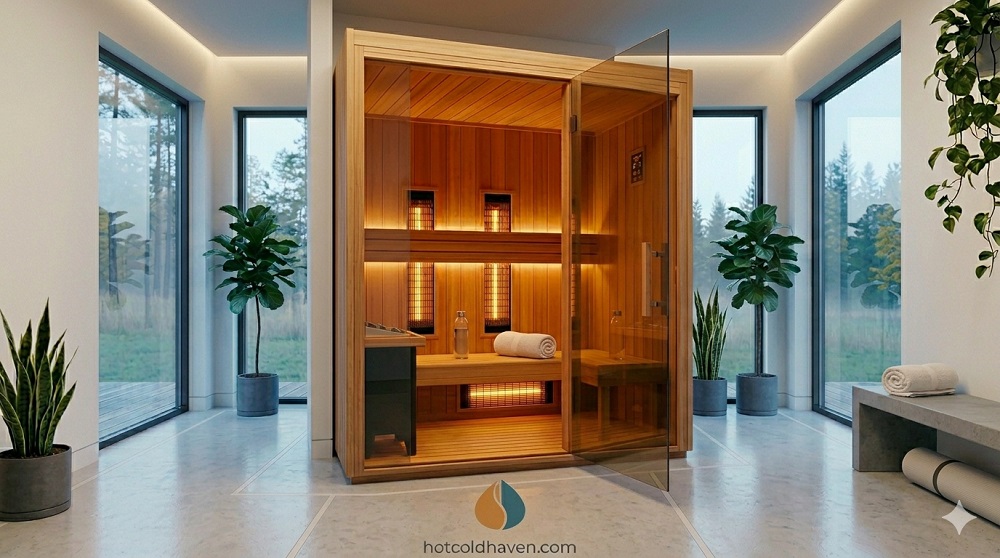 Compact one-person infrared sauna tucked into the corner of a small apartment  best saunas for small spaces