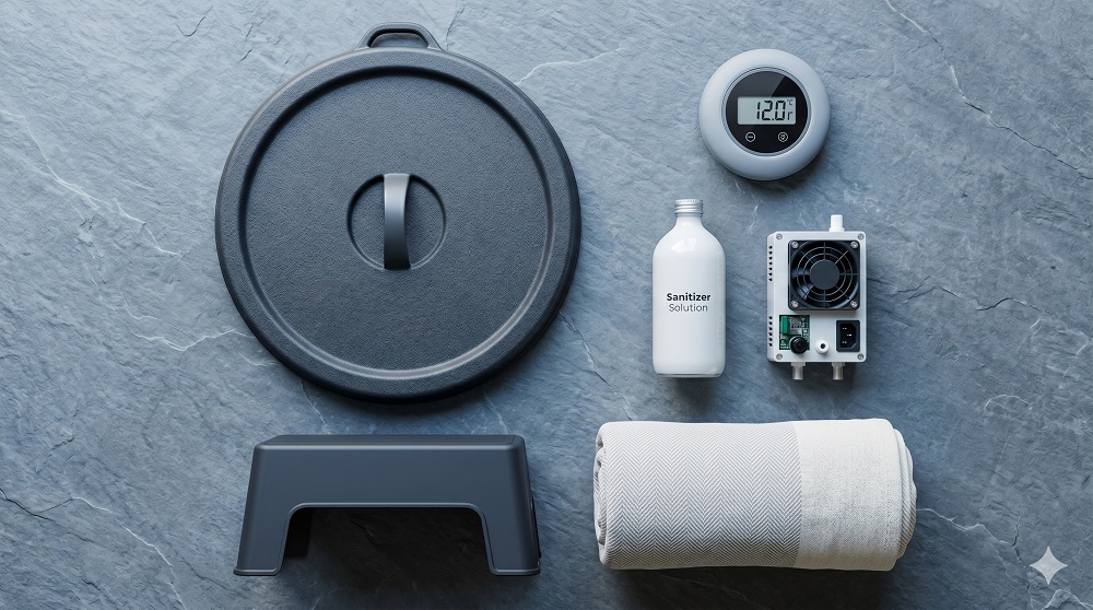 Flat-lay of cold plunge accessories: cover, thermometer, sanitizer, step, towel