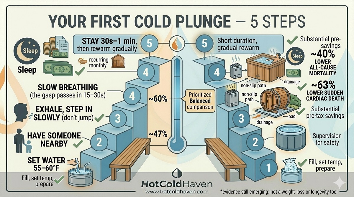 Five steps for a first cold plunge: set 55-60F, have someone nearby, step in slowly, breathe, exit and rewarm - Cold Plunge for Beginners