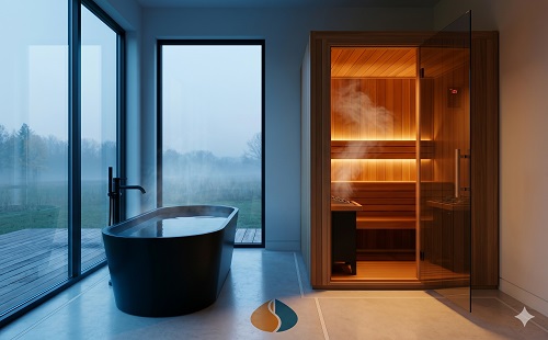 Modern cold plunge tub on a wood deck at dawn