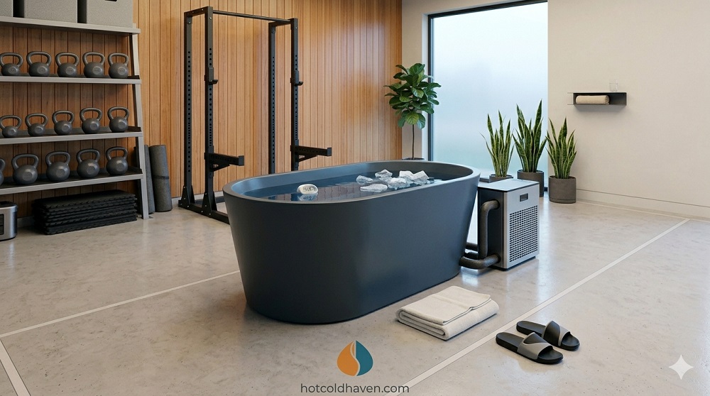 A modern cold plunge tub with chiller in a clean home garage gym Cold Plunge Buying Guide