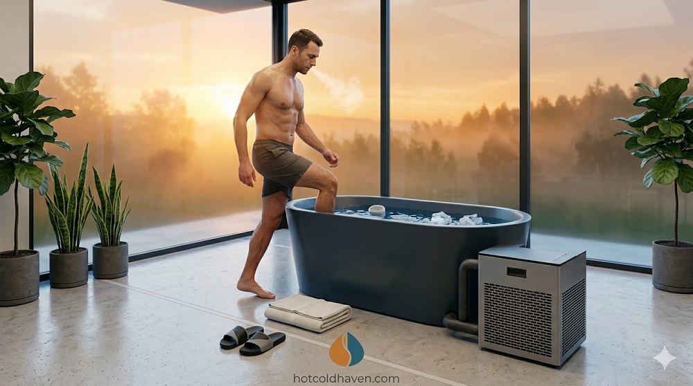 Person stepping into a hard-shell cold plunge on a home patio at dawn