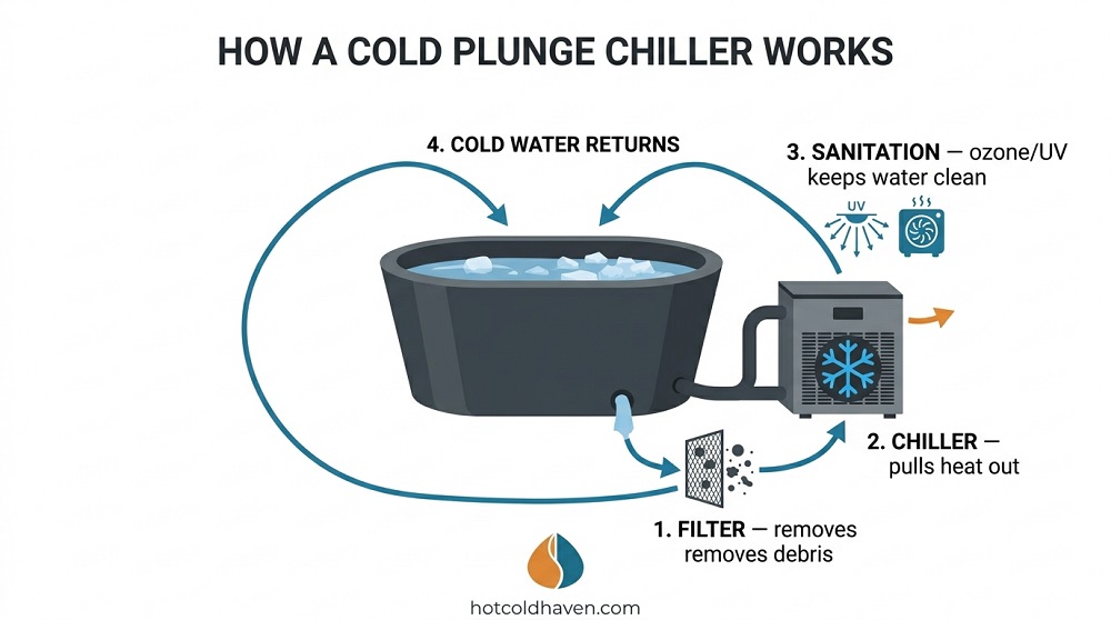 Diagram showing how a cold plunge chiller filters, cools, sanitizes, and returns water