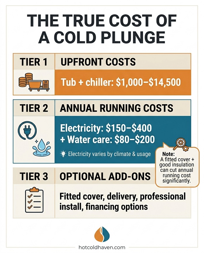 Infographic breaking down the upfront, running, and optional costs of owning a cold plunge