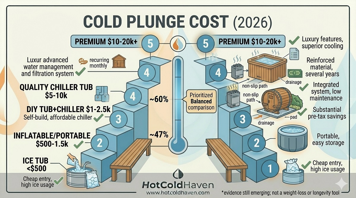 Cold plunge cost tiers infographic for 2026