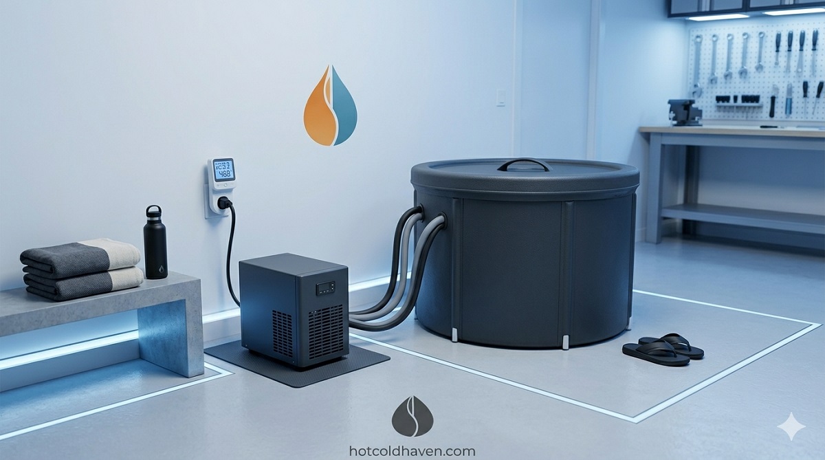 Cold plunge chiller plugged into an energy meter in a garage