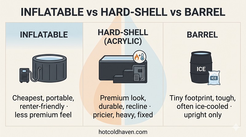 Infographic comparing inflatable, hard-shell and barrel cold plunge types