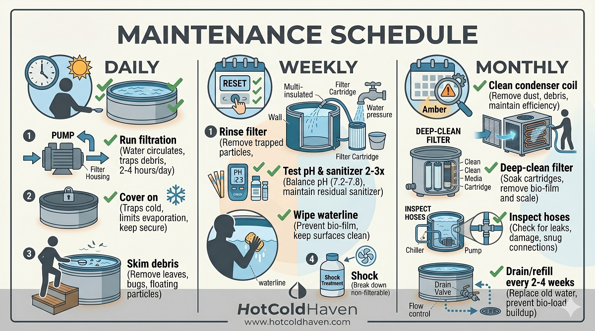 Cold plunge maintenance schedule infographic: daily, weekly, monthly
