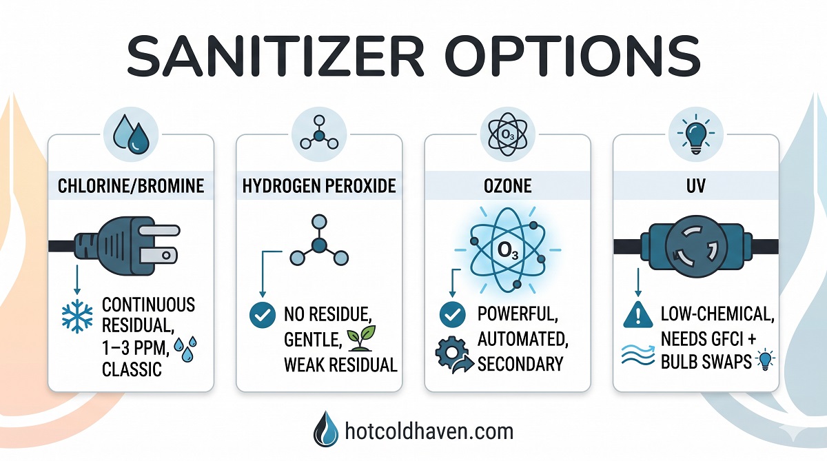 cold plunge water treatment Comparison of cold plunge sanitizer options: chlorine/bromine, hydrogen peroxide, ozone, UV