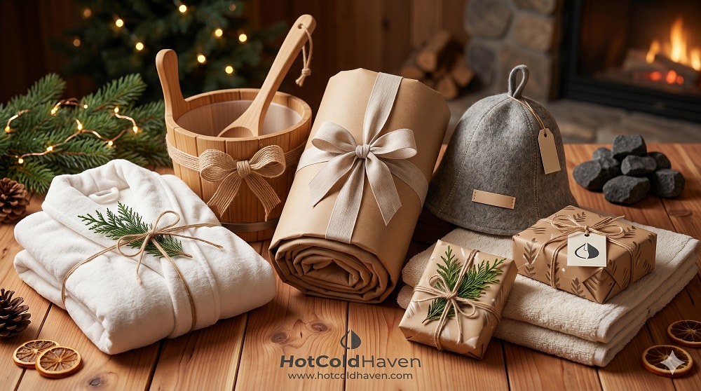 Gift-wrapped sauna and cold plunge presents on a cedar surface