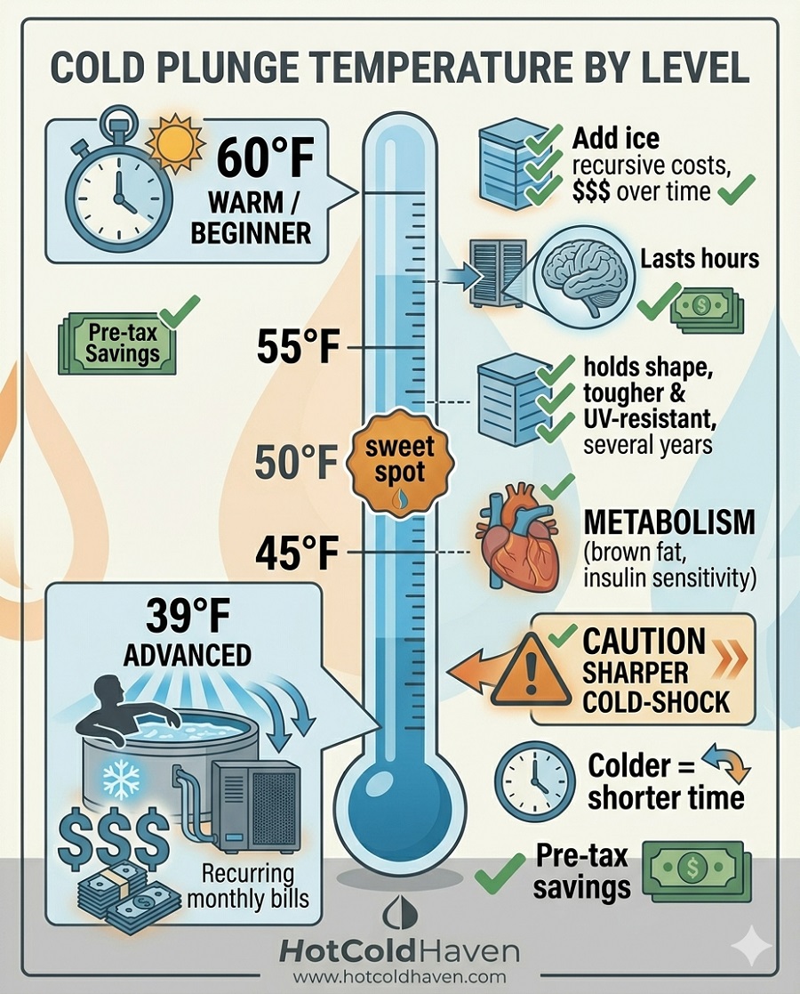 Cold plunge temperature scale by experience level, with the 50-55F sweet spot highlighted