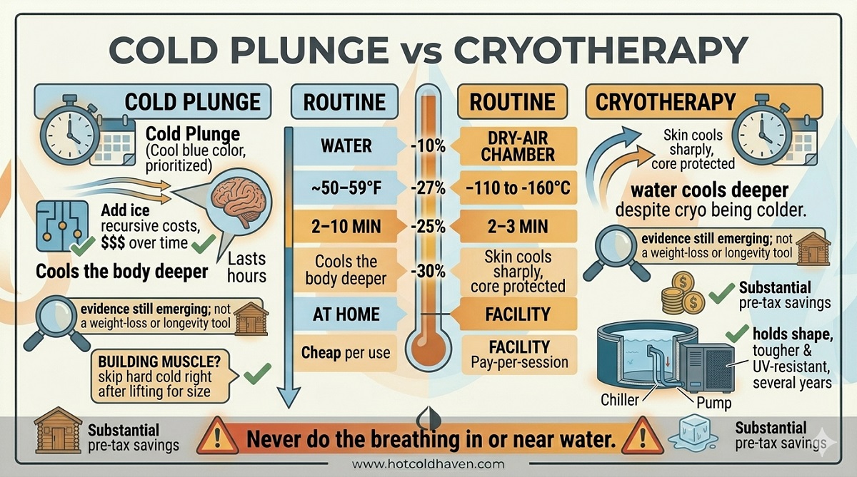Cold plunge versus whole-body cryotherapy compared on medium, temperature, duration, cooling depth and cost, Cold Plunge vs Cryotherapy