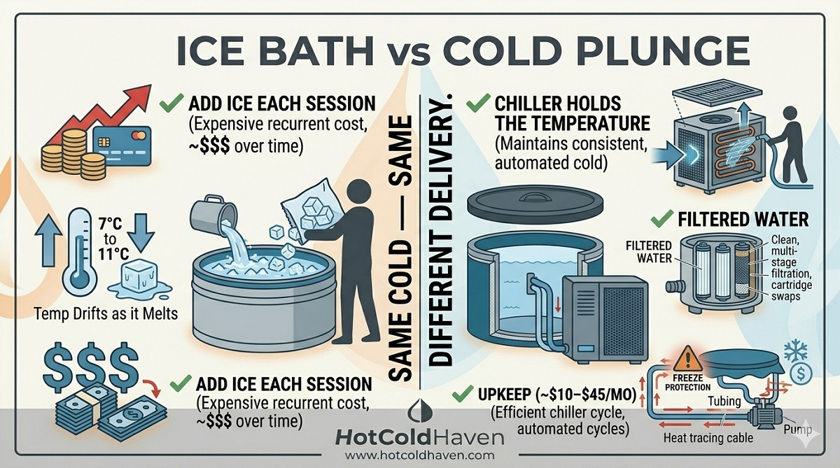 cold plunge vs ice bath comparison: adding ice manually vs a chiller holding temperature