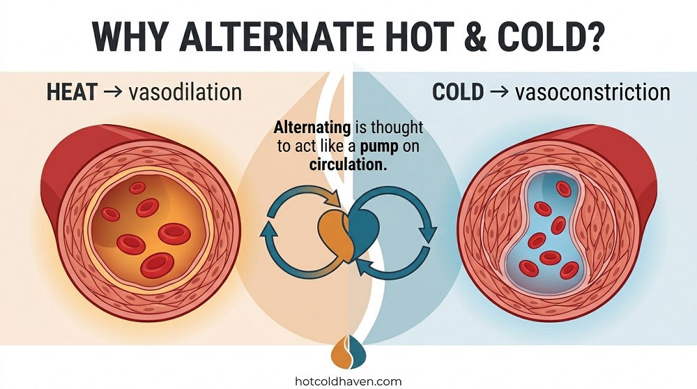 Diagram showing blood vessels widening with heat and narrowing with cold