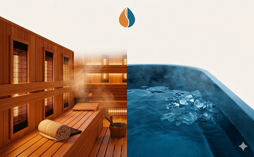 Sauna and cold plunge side by side representing contrast therapy