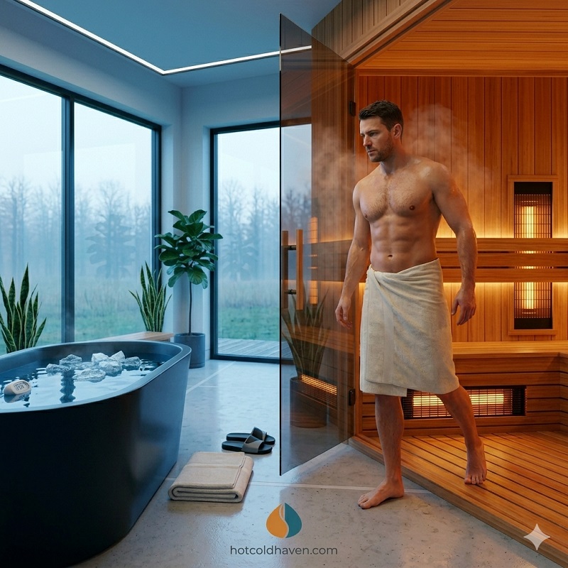 Person moving between a warm sauna and a cold plunge