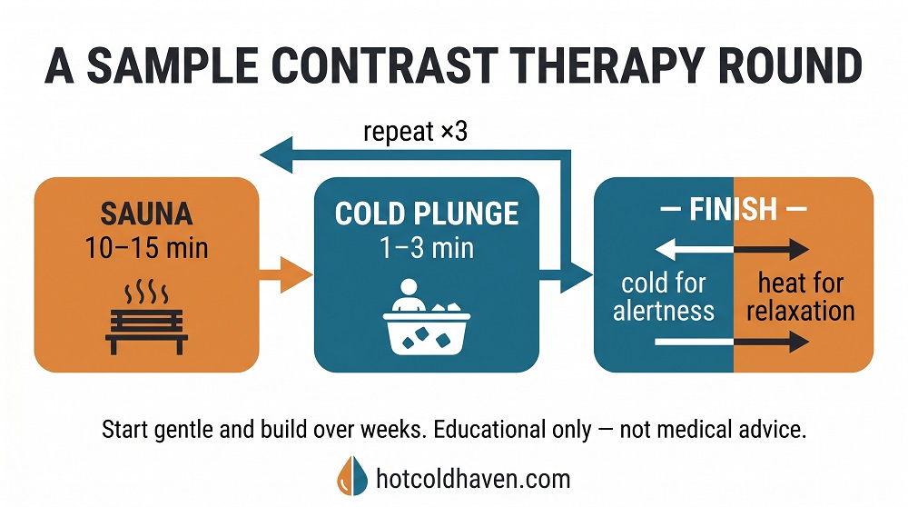 Infographic showing a sample hot-cold contrast therapy sequence with timings