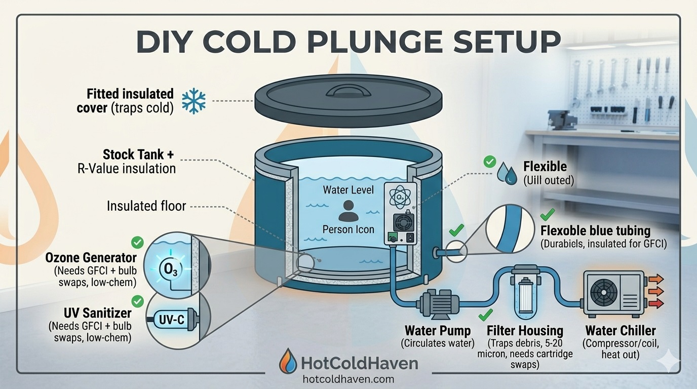 Exploded diagram of DIY cold plunge components: tub, chiller, pump, filter, cover