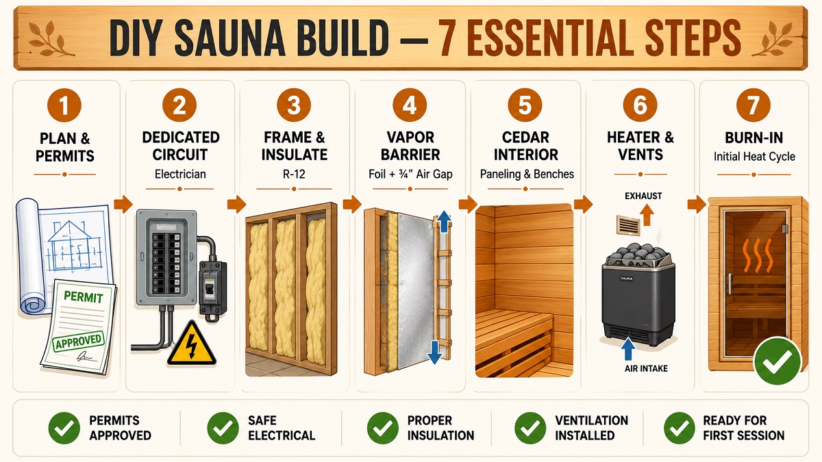 Seven steps to build a DIY sauna from planning and wiring to vapor barrier, paneling, heater and burn-in