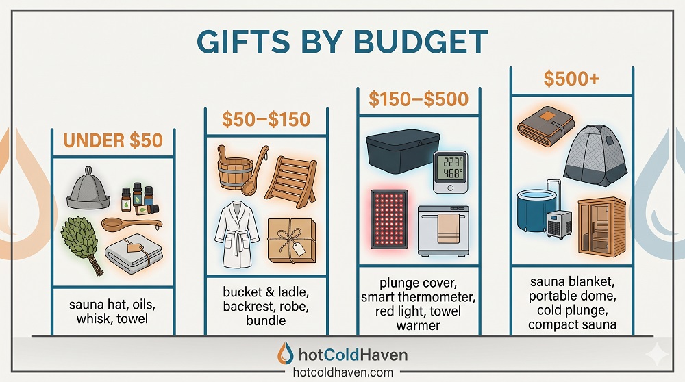 Infographic ladder of cold plunge and sauna gifts by budget tier