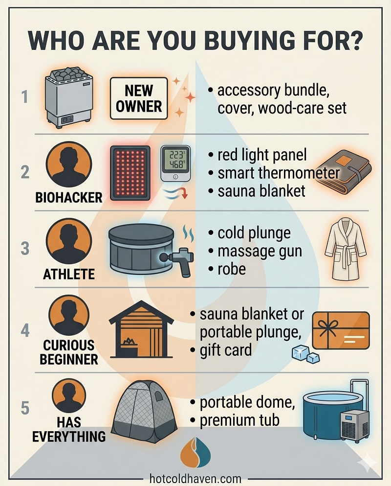 Infographic matching cold plunge and sauna gifts to recipient types