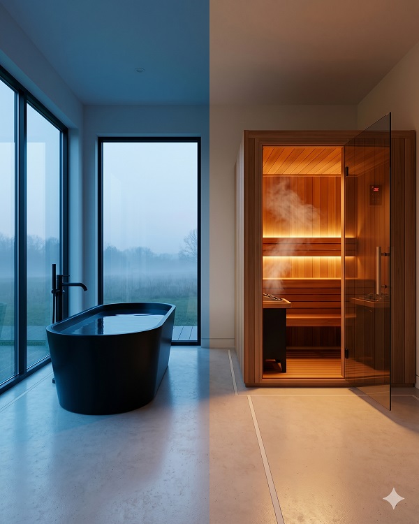 Home recovery space with a sauna and cold plunge side by side at dawn