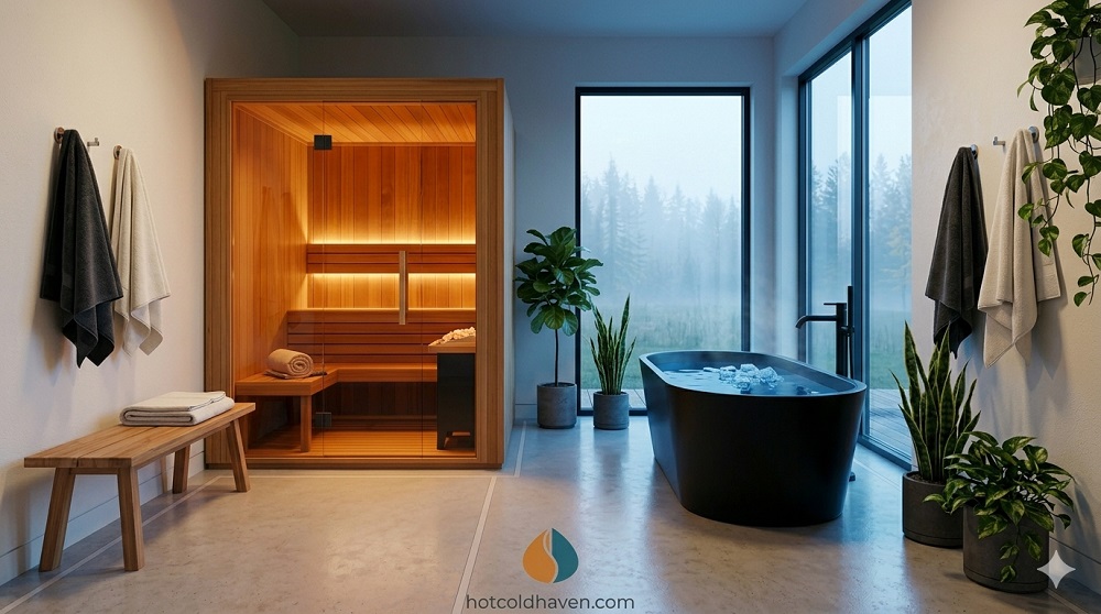 A finished home recovery room with a sauna, cold plunge and seating