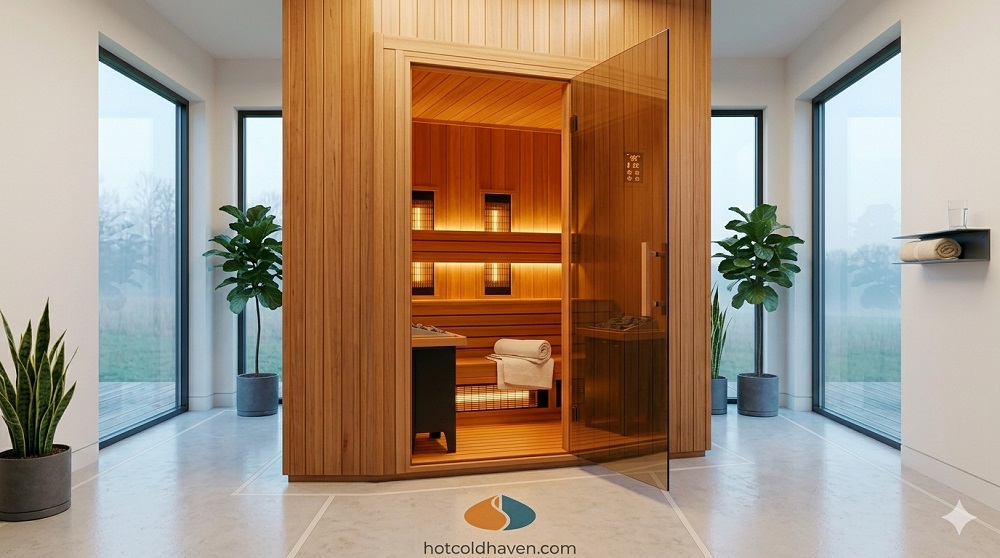 Warm cedar home sauna with the door open in a bright room Home Sauna Buying Guide