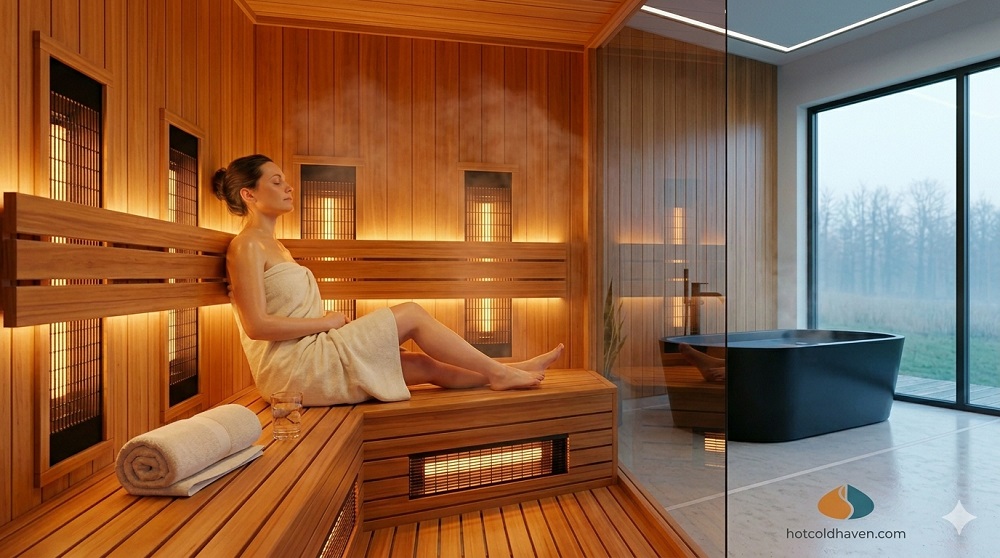 Person relaxing on the bench inside a warm cedar home sauna