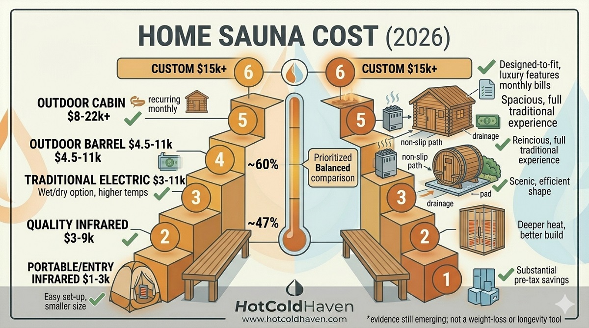 Home sauna cost tiers infographic for 2026