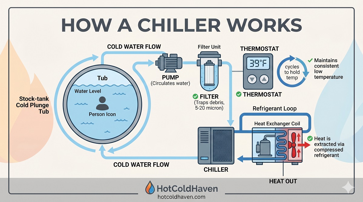 Diagram of how a cold plunge chiller works: tub, pump, filter, chiller loop