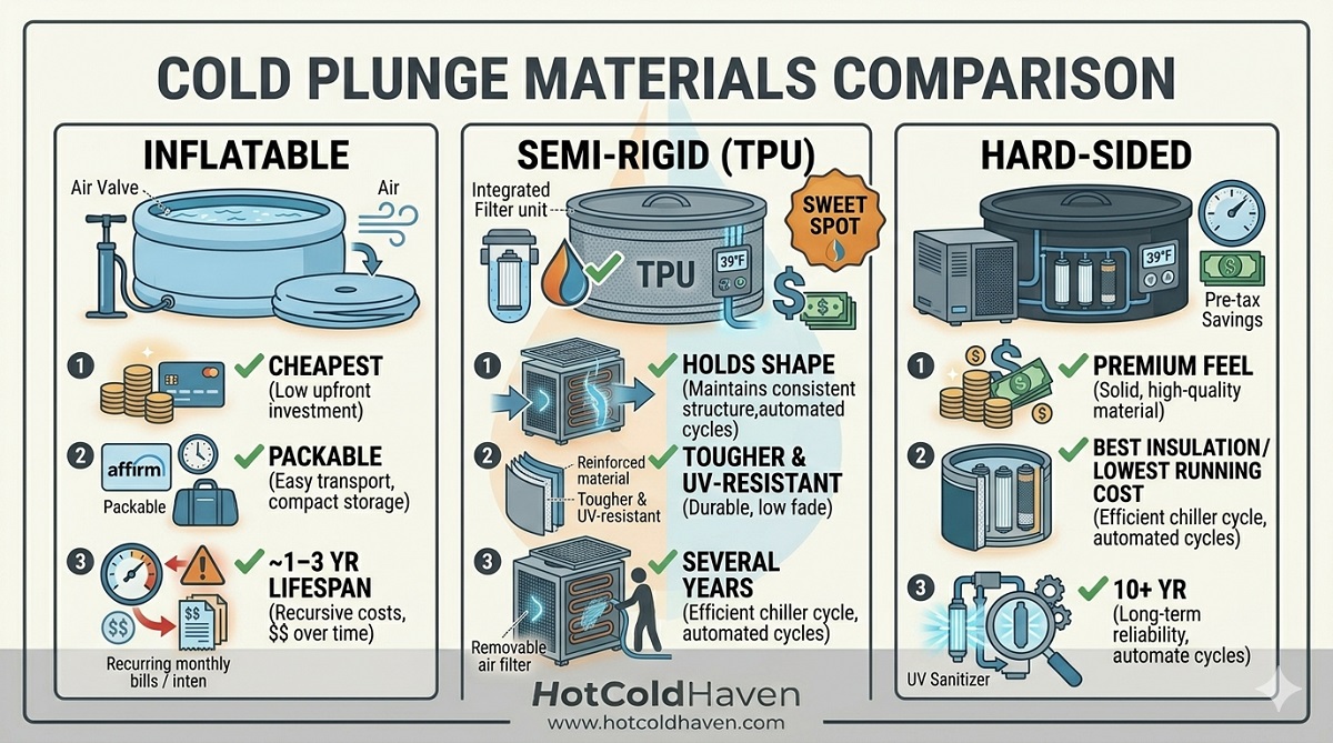 Inflatable vs semi-rigid TPU vs hard-sided cold plunge comparison with lifespan and insulation