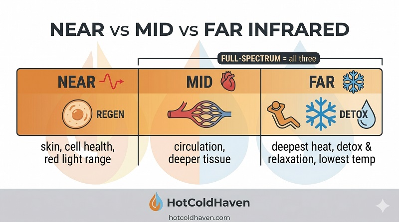 Diagram explaining near, mid, far and full-spectrum infrared and their benefits