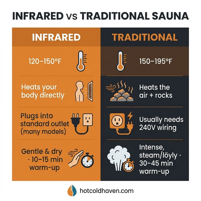 Infographic comparing infrared and traditional saunas on temperature, heating, wiring and warm-up time