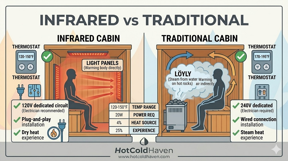 Infrared versus traditional sauna comparison infographic