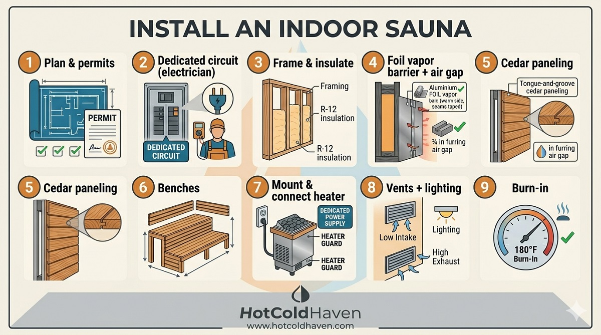 Step-by-step infographic for installing an indoor sauna