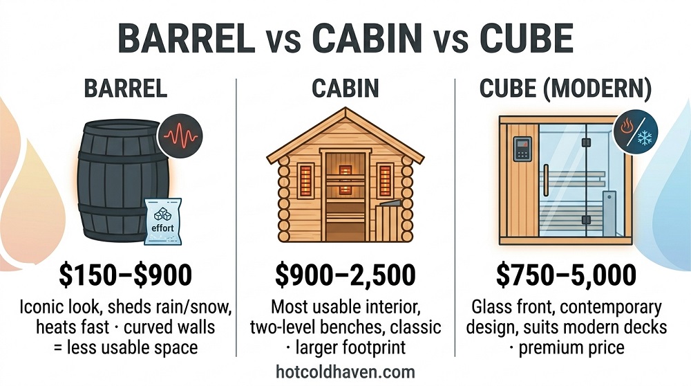 Infographic comparing barrel, cabin and cube outdoor sauna shapes